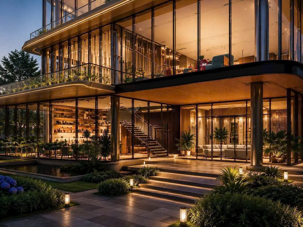 Phối cảnh minh hoạ khu vực bar, sảnh Clubhouse về đêm