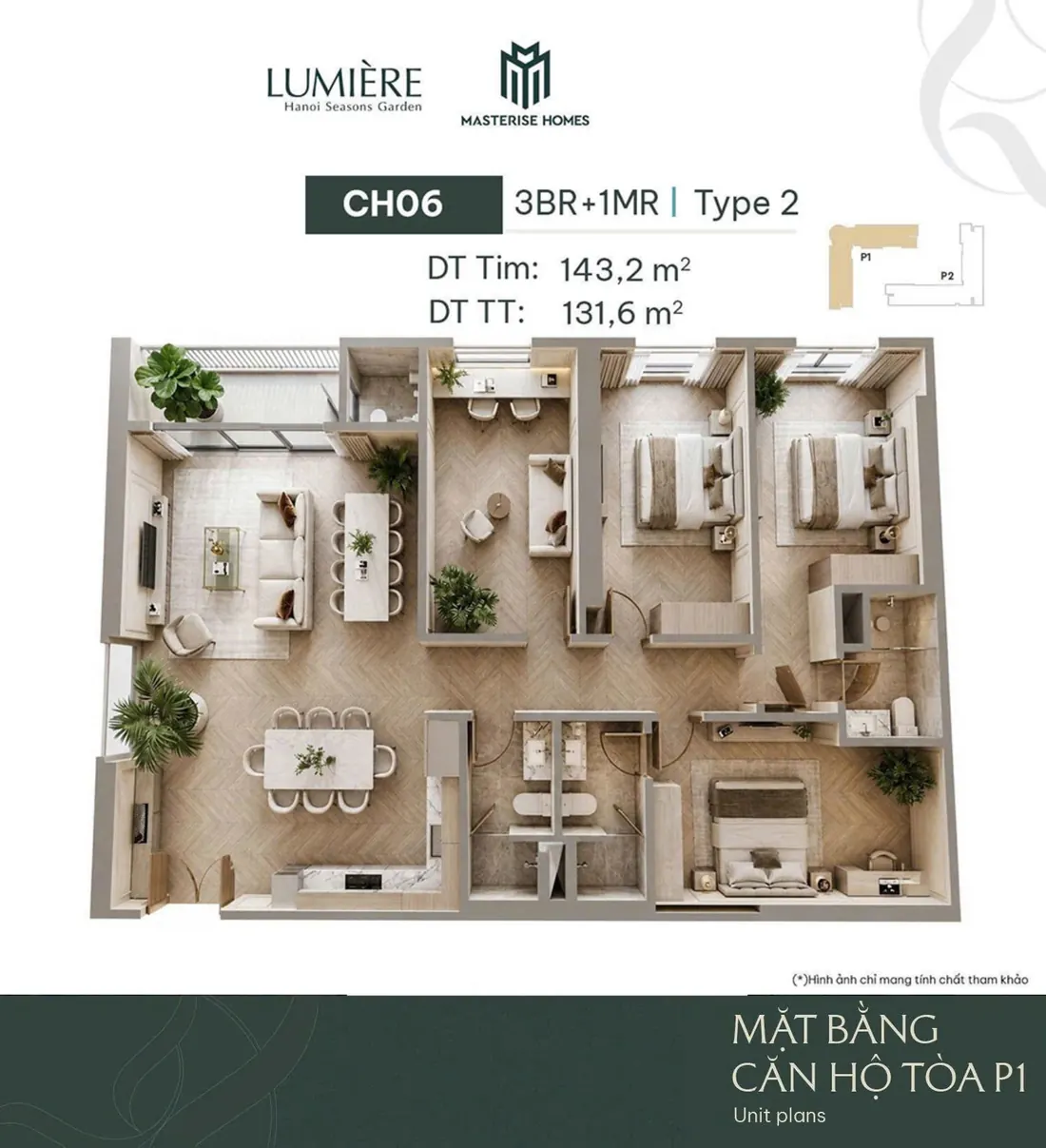 Phối cảnh minh hoạ mặt bằng 3D căn 3PN / 3PN+