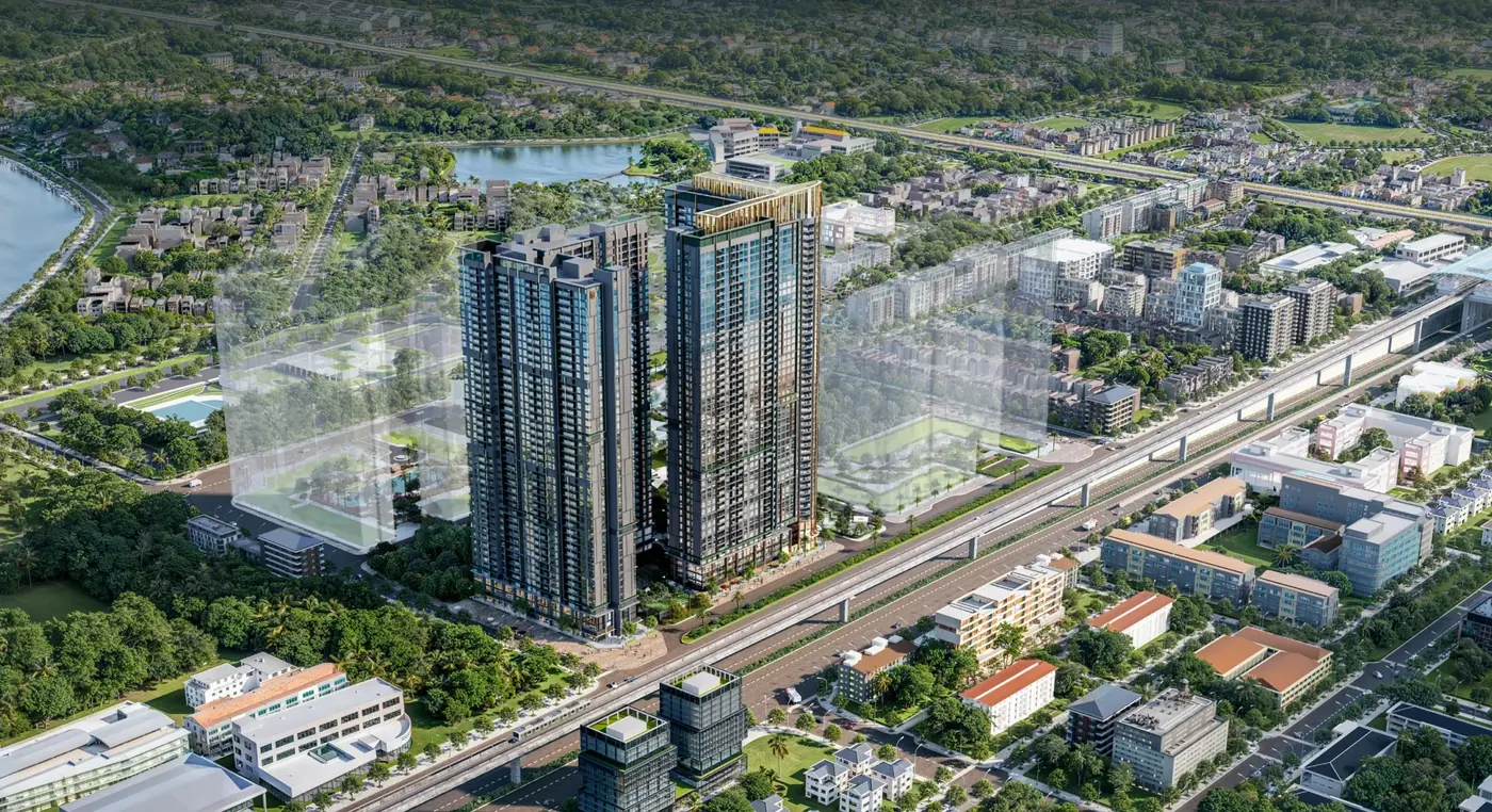 Phối cảnh minh hoạ tổng quan dự án Hanoi Seasons Garden nhìn từ trên cao, gồm hai tòa L1 và L2